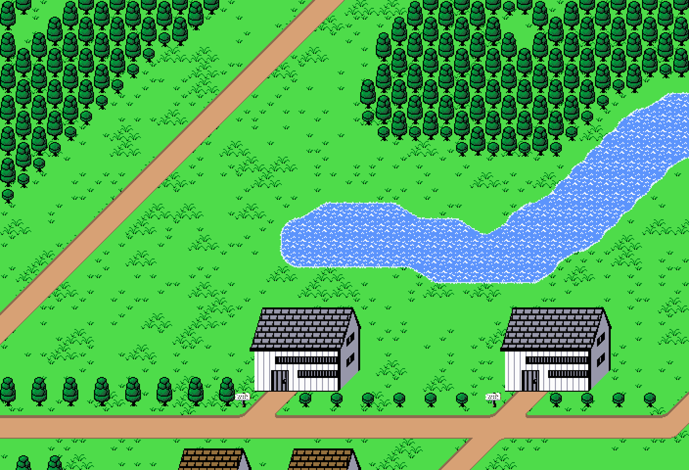 Project Beta: the starting town, with a road, a pond and forest
