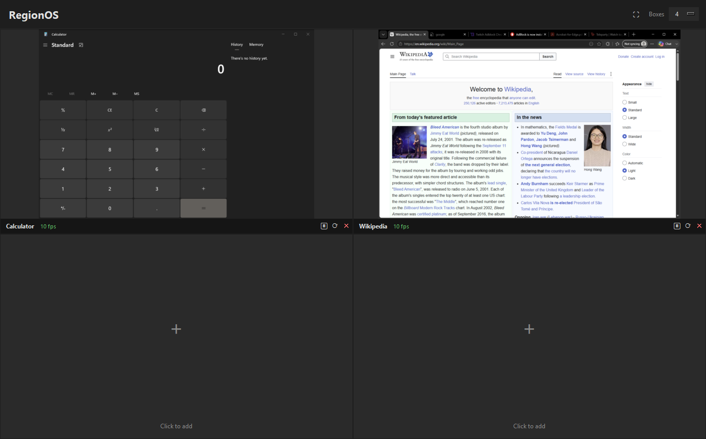 RegionOS with four preview slots: a Calculator window and a Wikipedia tab, each redrawing at ten frames per second, and two empty slots waiting for a region.