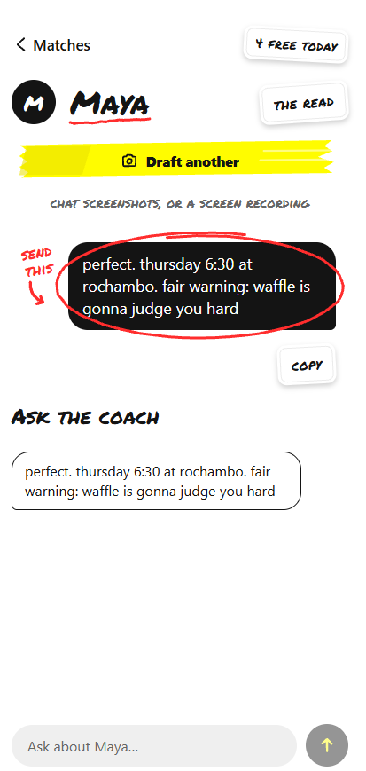 WingIt! on a phone: a reply drafted for a conversation with Maya, circled in red with a note saying send this, a Copy button, and below it the box for asking the coach about the thread.